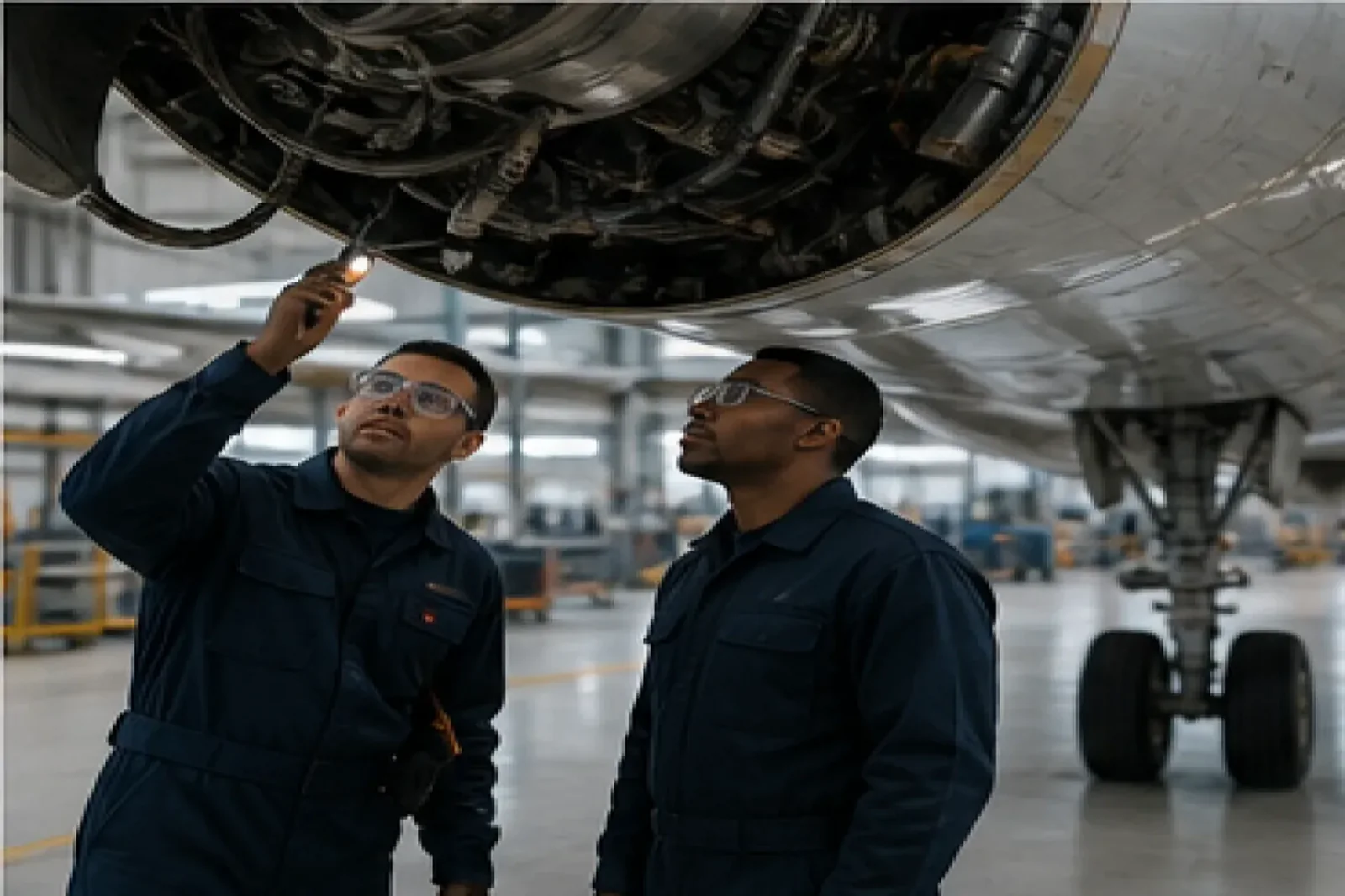 Aviation maintenance staffing technicians inspecting an aircraft