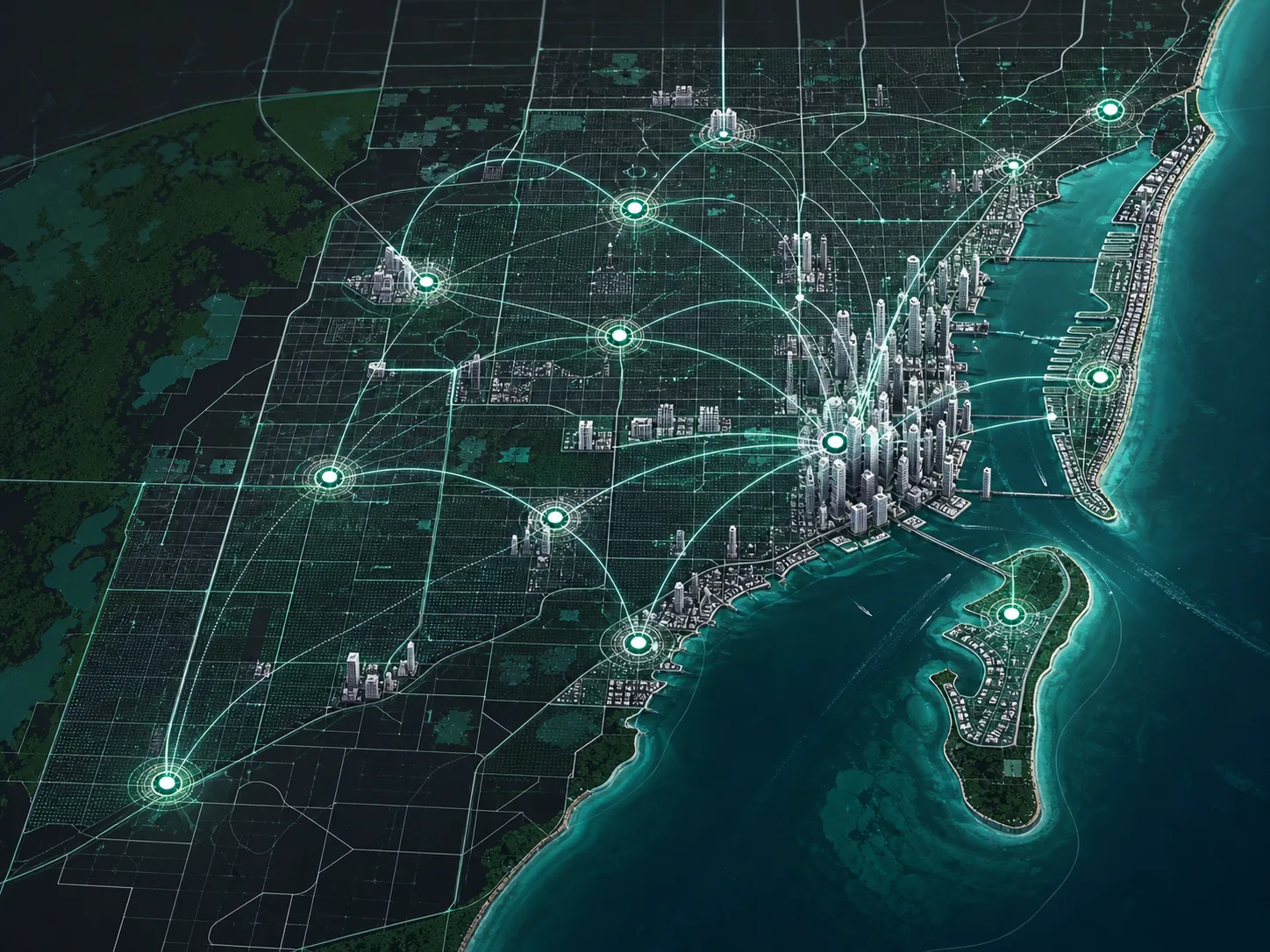 Technology-inspired map of Miami-Dade showing connected business and talent hubs